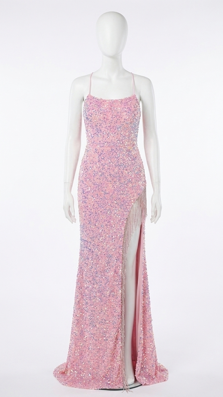 NEW SACHIN & BABI nox anabel sequin gown with fringe slit in pink